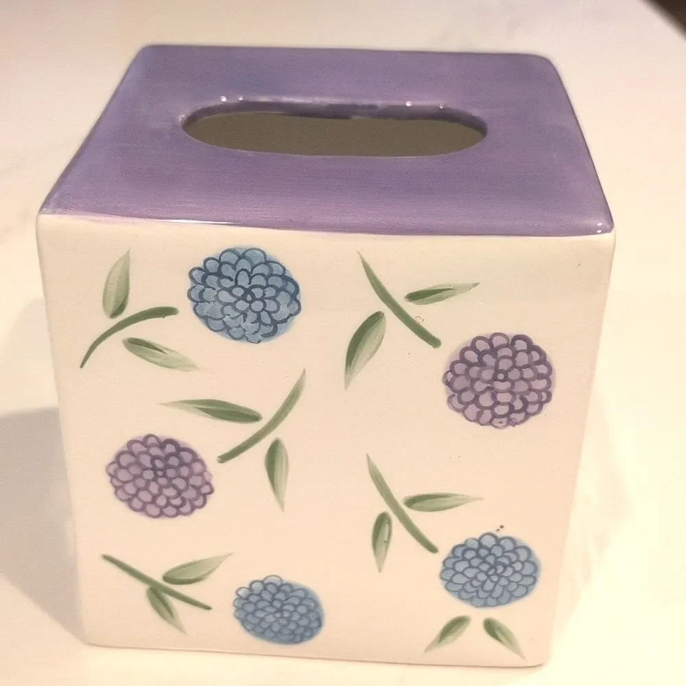 Marimekko Hand Painted Ceramic Floral Square Tissue Box Cover Purple & Blue